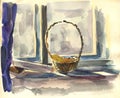 Watercolor drawing of still life from basket and books lying on window with purple curtain