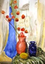 Watercolor drawing still life with blue vase Royalty Free Stock Photo