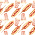 Watercolor drawing striped glass with sausage in the dough on a white background. Seamless pattern