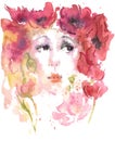 Watercolor drawing summer girl of poppies