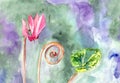 Watercolor drawing tender spring pink cyclamens on a blurry abstract background