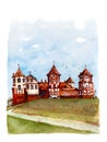 Watercolor drawing of the 16th century fortress, Mir Castle, great landmark of Belarus
