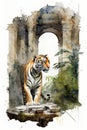 Watercolor drawing of a Tiger in an abandoned temple in India. Created with generative AI technology