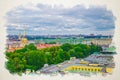 Watercolor drawing of Top aerial panoramic view of Saint Petersburg