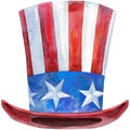 Watercolor drawing of the top cap with American Flag. Uncle Sam Hat