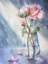 Watercolor drawing of a transparent vase with pink peony flowers and buds, illuminated by sunlight. Royalty Free Stock Photo