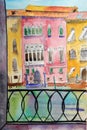 Watercolor drawing travel sketch Grand Canal in Venice at summer noon