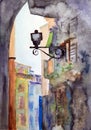 Watercolor drawing travel sketch street, arch and lantern in venice at summer noon