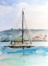 Watercolor drawing travel sketch yacht with deflated sails against the background of the shore