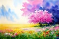 Watercolor drawing of a tree in bloom, spring landscape