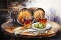 Watercolor drawing of two glasses of beer on a wooden table Royalty Free Stock Photo