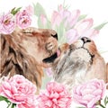 Watercolor drawing - two lions in flowers, animal, cat Royalty Free Stock Photo