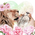 Watercolor drawing - two lions in flowers, animal, cat Royalty Free Stock Photo