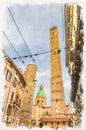 Watercolor drawing of Two medieval towers of Bologna Le Due Torri Royalty Free Stock Photo