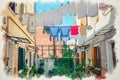 Watercolor drawing of Typical italian courtyard between buildings with brick walls