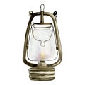 Watercolor Drawing Vintage Oil Lamp, Lantern. Clipart On The Theme Of A Cozy Winter, New Year, Christmas.