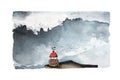 watercolor drawing, visible big waves of Nazare, Portugal.blue water of the Atlantic. red roof lighthouse Royalty Free Stock Photo