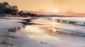 watercolor drawing wallpaper of a landscape the serene shoreline with delicate waves gently sunset over