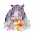 Photo watercolor painting of a cute hippopotamus with a flowers