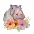 Photo watercolor painting of a cute hippopotamus with a flowers