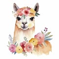 Photo watercolor painting of a cute ilama with a flowers