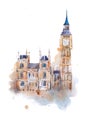 Watercolor drawing Westminster Palace in London. Aquarelle painting Houses of Parliament, Big Ben Royalty Free Stock Photo