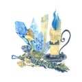 Watercolor drawing witch objects. Dry herbs, crystals, candle on a white background.