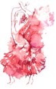 Watercolor drawing of a woman dancing Flamenko in red dress.