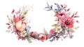 watercolor drawing of a wreath of wildflowers on a white background