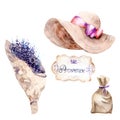 Watercolor drawings in Provence style: hat, bouquet, lavender pouch