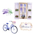 Watercolor drawings in Provence style. set: window, bike, lavender