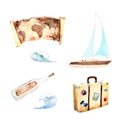 Watercolor drawings sea voyage, yachting, sailing, travel