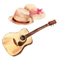 Watercolor drawings on the theme of a picnic: guitar, hats, set