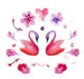 Watercolor drawings for Valentine`s Day, swans, heart, flowers Royalty Free Stock Photo