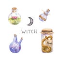 Watercolor drawings - witchcraft symbols jars of magic, jar of honeycomb snake Royalty Free Stock Photo