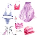 Watercolor drawings: women`s things. clothes, hat, cosmetics, decorations Royalty Free Stock Photo