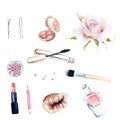 Watercolor drawings: women`s things. cosmetics, perfume, coral, rose