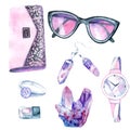 Watercolor drawings: women`s things. glasses, handbag, cosmetics, jewelry, crystal Royalty Free Stock Photo