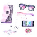 Watercolor drawings: women`s things. phone, wallet, glasses, hairbrush, jewelry, watches