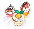 Watercolor drawintg of three different cupcakes isolated on white background