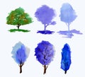Watercolor drawn illustration of a peaceful tree in beautyful green tones on white. Set Royalty Free Stock Photo