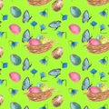 Watercolor drawn spring seamless pattern on a green background of nests, eggs, butterflies and blue flowers Royalty Free Stock Photo