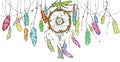 Watercolor dream catcher with bright colorful feathers swinging