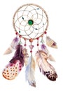 Watercolor dreamcatcher with beads and feathers