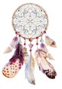 Watercolor dreamcatcher with beads and feathers