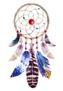 Watercolor dreamcatcher with beads and feathers