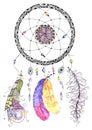 Watercolor dreamcatcher with beads and feathers