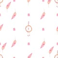 Watercolor dreamcatcher with beads and feathers. Seamless pattern.