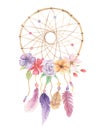 Watercolor Dreamcatcher Bohemian Flowers Pink Feathers Beads Leaves Bouquet Royalty Free Stock Photo