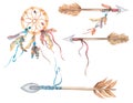 Watercolor dreamcatcher and, Boho Arrows illustration set, feathers clipart, Baby shower graphics, Card making, tags, wedding